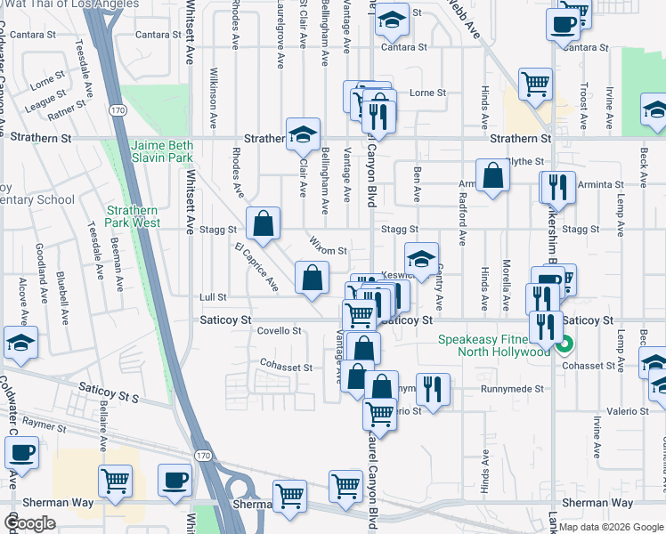 map of restaurants, bars, coffee shops, grocery stores, and more near 12137 Keswick Street in Los Angeles