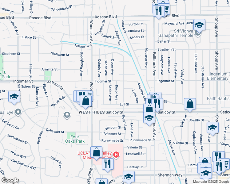 map of restaurants, bars, coffee shops, grocery stores, and more near 7707 Ducor Avenue in Los Angeles