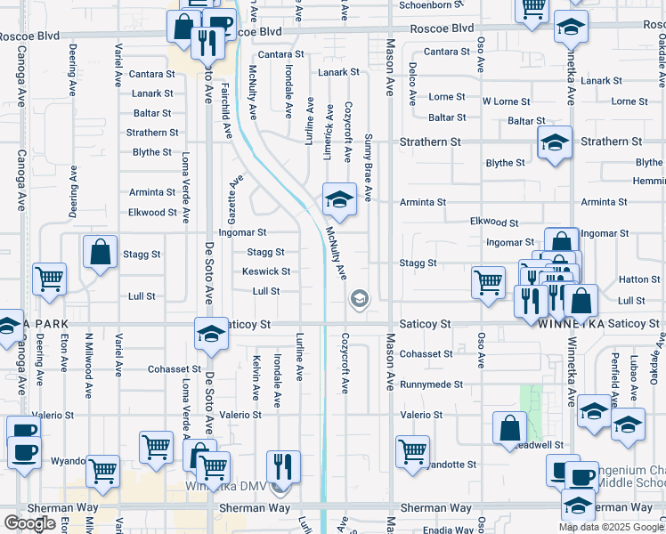 map of restaurants, bars, coffee shops, grocery stores, and more near 7715 McNulty Avenue in Los Angeles
