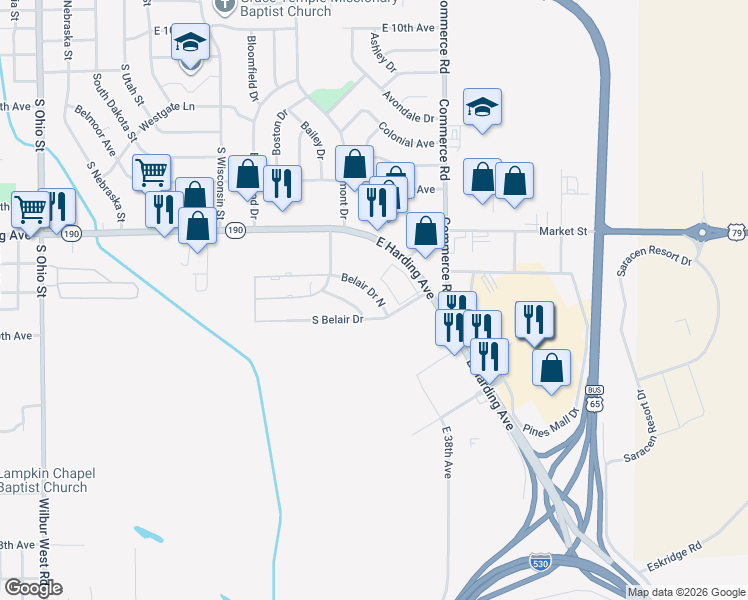 map of restaurants, bars, coffee shops, grocery stores, and more near 2804 Belair Drive North in Pine Bluff