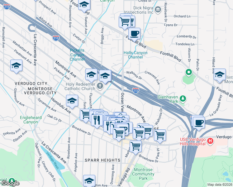 map of restaurants, bars, coffee shops, grocery stores, and more near 4127 Ocean View Boulevard in La Crescenta-Montrose
