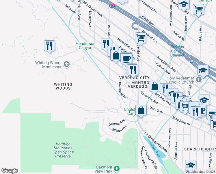 map of restaurants, bars, coffee shops, grocery stores, and more near 3525 El Lado Drive in Glendale