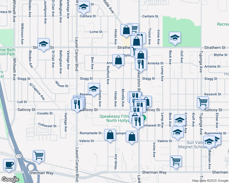 map of restaurants, bars, coffee shops, grocery stores, and more near 7711 Hinds Avenue in Los Angeles
