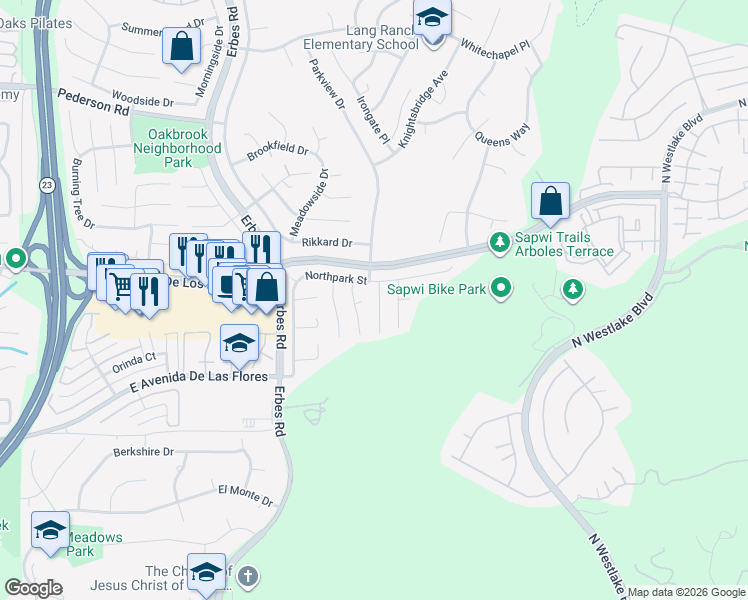 map of restaurants, bars, coffee shops, grocery stores, and more near 2206 Park Place in Thousand Oaks