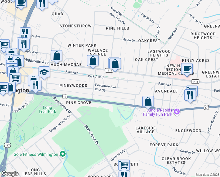 map of restaurants, bars, coffee shops, grocery stores, and more near 5021 Pine Street in Wilmington