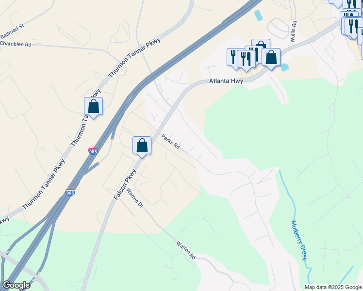 map of restaurants, bars, coffee shops, grocery stores, and more near 3887 Parks Road in Flowery Branch