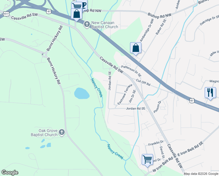 map of restaurants, bars, coffee shops, grocery stores, and more near 273 Jordan Road Southeast in Cartersville