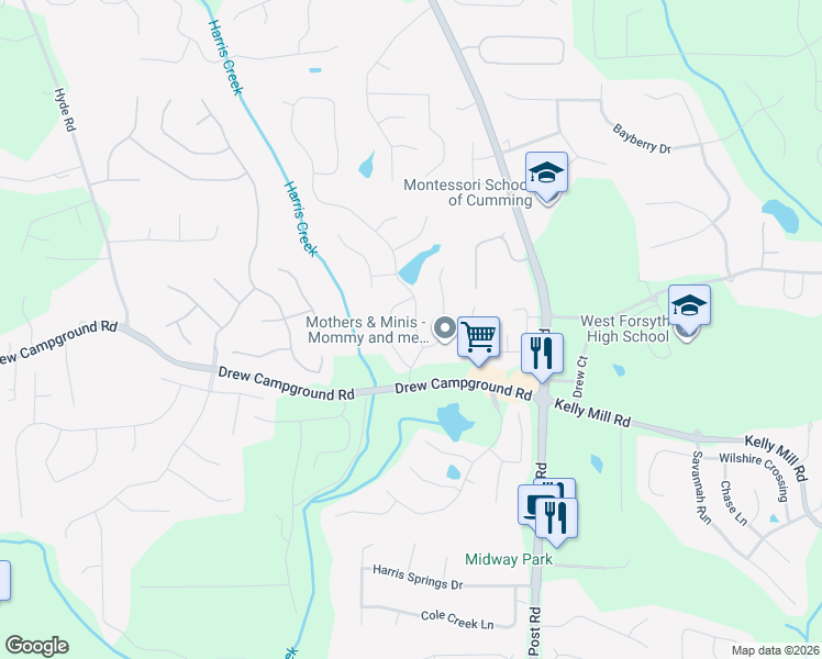map of restaurants, bars, coffee shops, grocery stores, and more near 3635 Azurite Street in Cumming