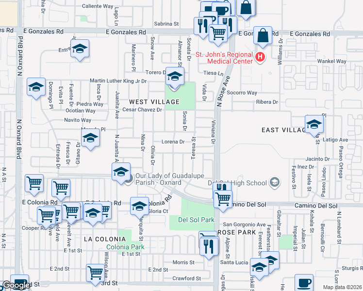 map of restaurants, bars, coffee shops, grocery stores, and more near 1532 Lorena Drive in Oxnard