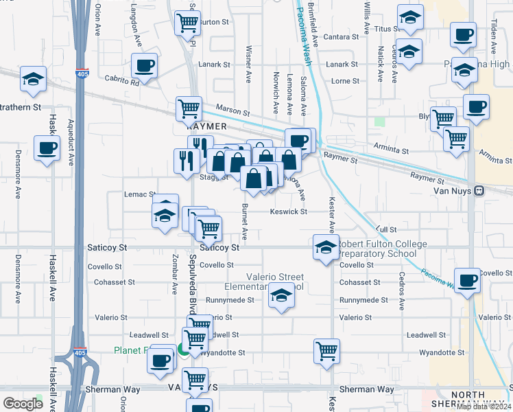 map of restaurants, bars, coffee shops, grocery stores, and more near 15117 Keswick Street in Los Angeles