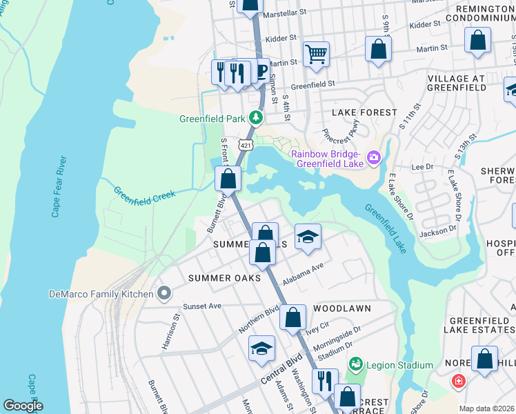 map of restaurants, bars, coffee shops, grocery stores, and more near 1822 West Lake Shore Drive in Wilmington