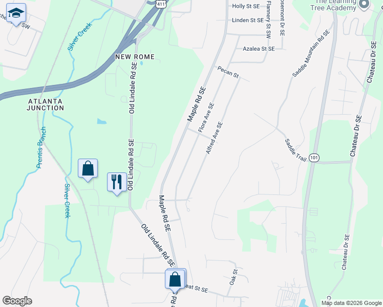 map of restaurants, bars, coffee shops, grocery stores, and more near 311 Flora Avenue Southeast in Rome