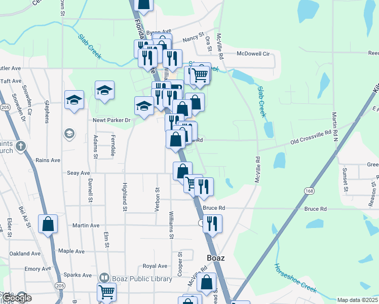 map of restaurants, bars, coffee shops, grocery stores, and more near 1736 Alabama 1 in Boaz
