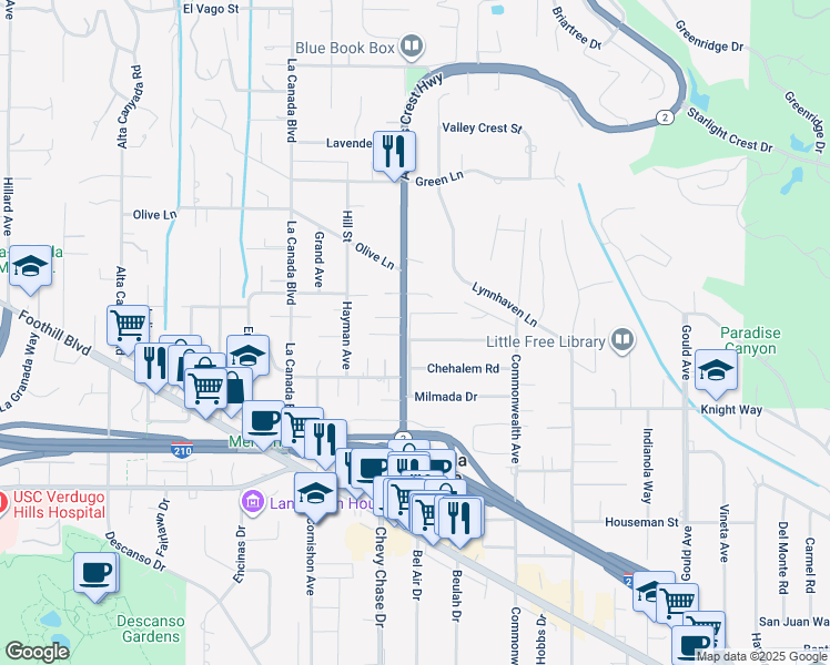map of restaurants, bars, coffee shops, grocery stores, and more near 941 Wiladonda Drive in La Cañada Flintridge