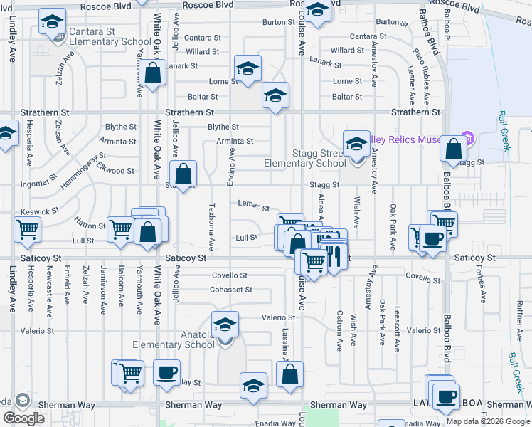 map of restaurants, bars, coffee shops, grocery stores, and more near 17360 Lemac Street in Los Angeles