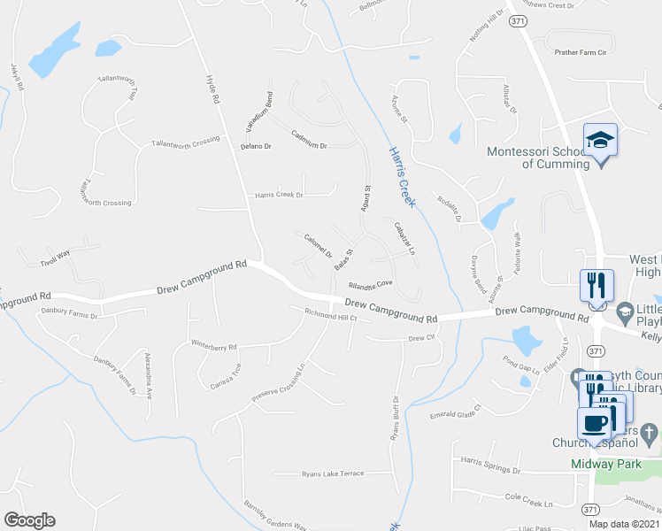 map of restaurants, bars, coffee shops, grocery stores, and more near 3805 Calomel Drive in Cumming