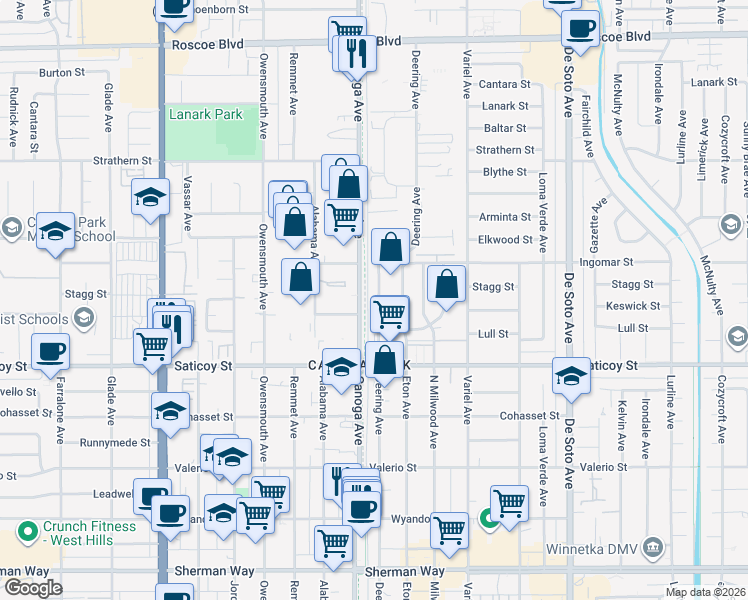 map of restaurants, bars, coffee shops, grocery stores, and more near 7725 Deering Avenue in Los Angeles
