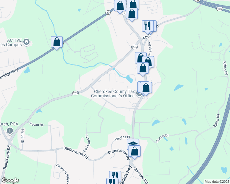 map of restaurants, bars, coffee shops, grocery stores, and more near 233 Woodland Way in Canton