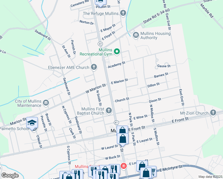 map of restaurants, bars, coffee shops, grocery stores, and more near 424 North Main Street in Mullins