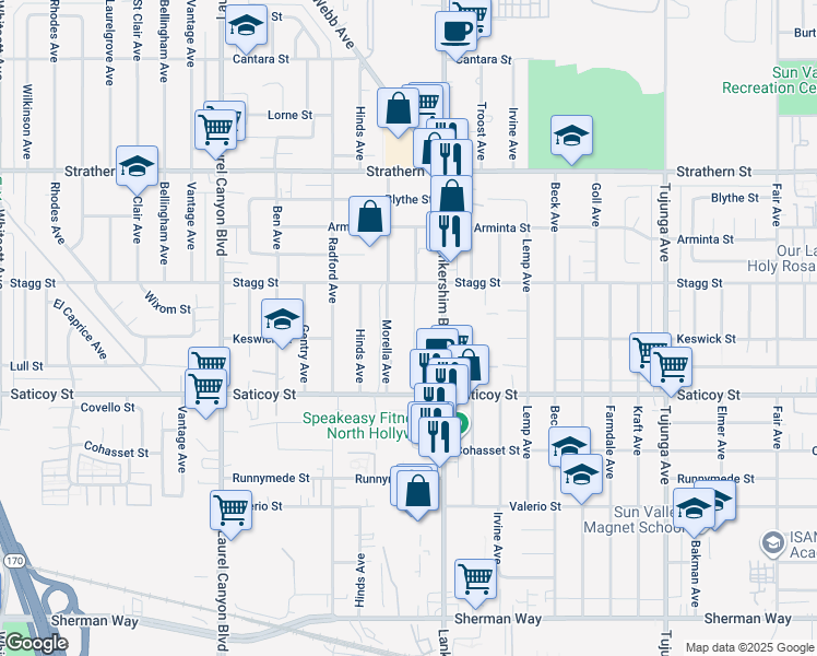 map of restaurants, bars, coffee shops, grocery stores, and more near 7705 Simpson Avenue in Los Angeles