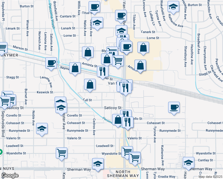 map of restaurants, bars, coffee shops, grocery stores, and more near 14555 Keswick Street in Van Nuys