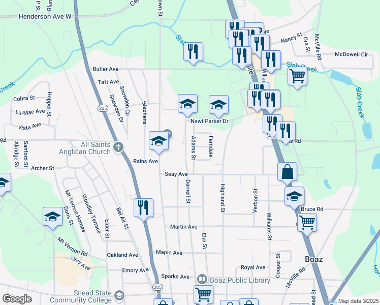 map of restaurants, bars, coffee shops, grocery stores, and more near 904 Adams Street in Boaz