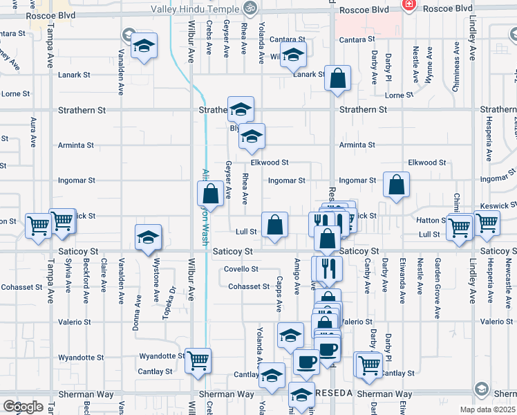map of restaurants, bars, coffee shops, grocery stores, and more near 7719 Yolanda Avenue in Los Angeles