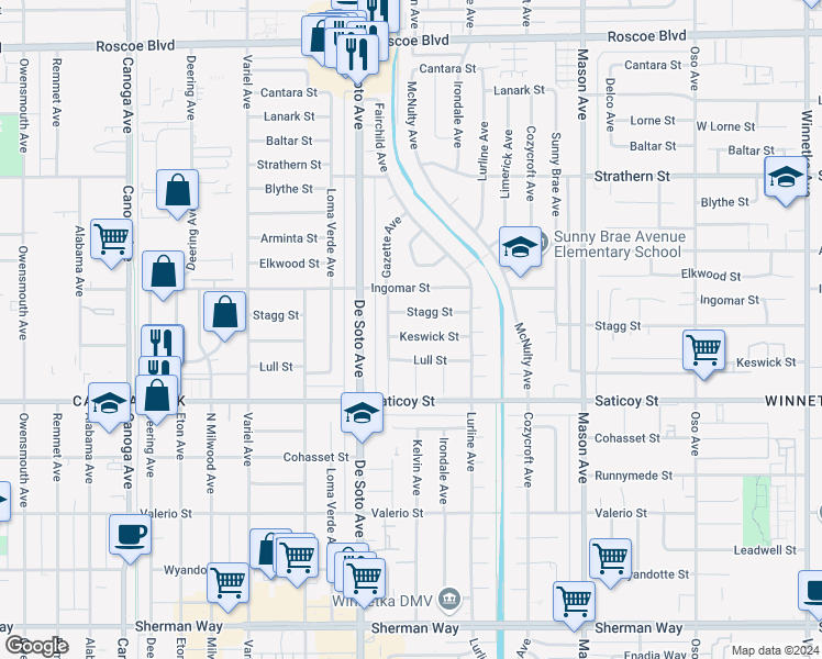 map of restaurants, bars, coffee shops, grocery stores, and more near 20801 Keswick Street in Los Angeles