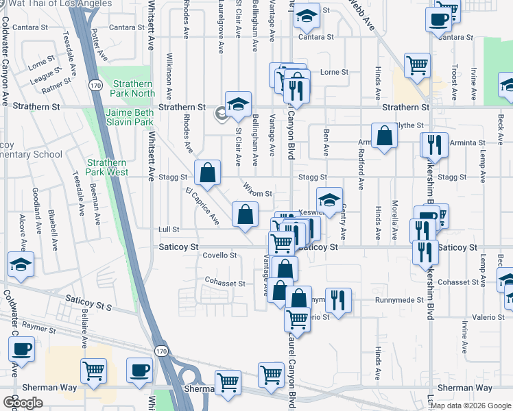 map of restaurants, bars, coffee shops, grocery stores, and more near Keswick Street in Los Angeles