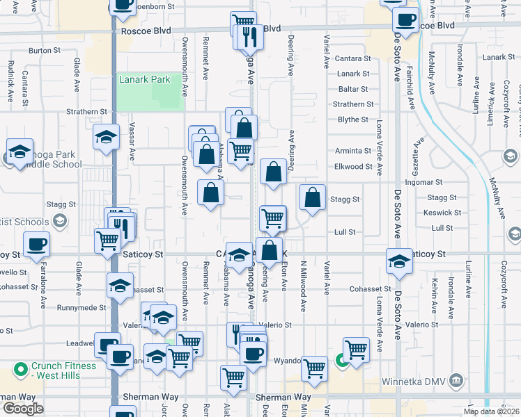map of restaurants, bars, coffee shops, grocery stores, and more near 7725 Deering Avenue in Los Angeles