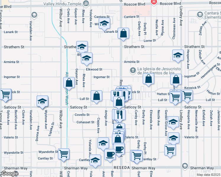 map of restaurants, bars, coffee shops, grocery stores, and more near 7710 Baird Avenue in Los Angeles