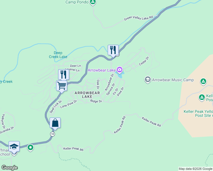 map of restaurants, bars, coffee shops, grocery stores, and more near 33186 Arrowbear Drive in Running Springs