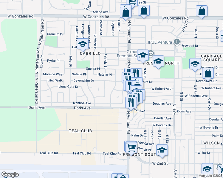 map of restaurants, bars, coffee shops, grocery stores, and more near 831 Oxford Drive in Oxnard