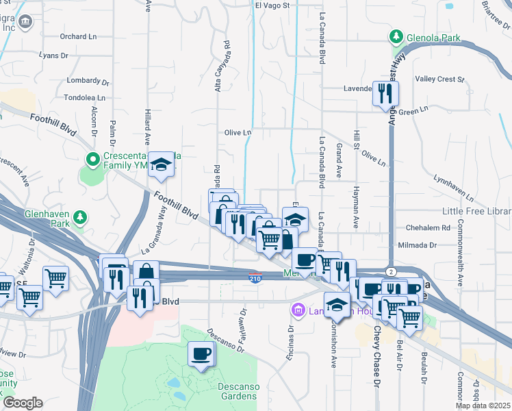 map of restaurants, bars, coffee shops, grocery stores, and more near 4563 Loma Vista Drive in La Cañada Flintridge