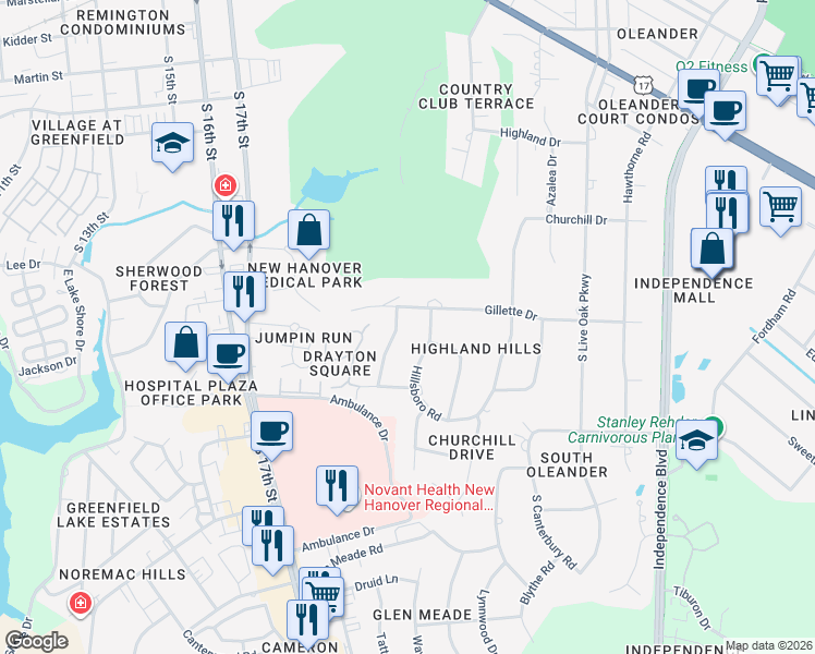 map of restaurants, bars, coffee shops, grocery stores, and more near 1905 Ashbrook Drive in Wilmington