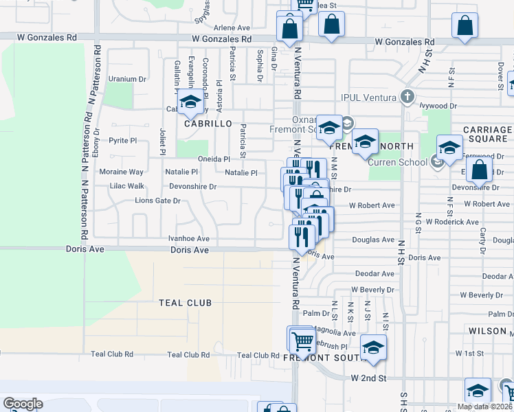 map of restaurants, bars, coffee shops, grocery stores, and more near 831 Oxford Drive in Oxnard
