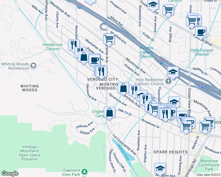 map of restaurants, bars, coffee shops, grocery stores, and more near 2722 Honolulu Avenue in Glendale