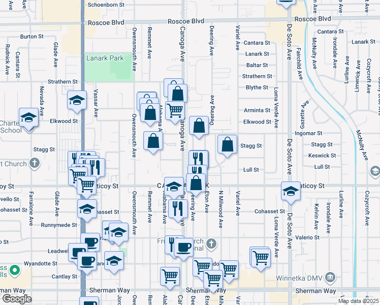 map of restaurants, bars, coffee shops, grocery stores, and more near 32 Orange Line Pedestrian and Bike Path in Los Angeles