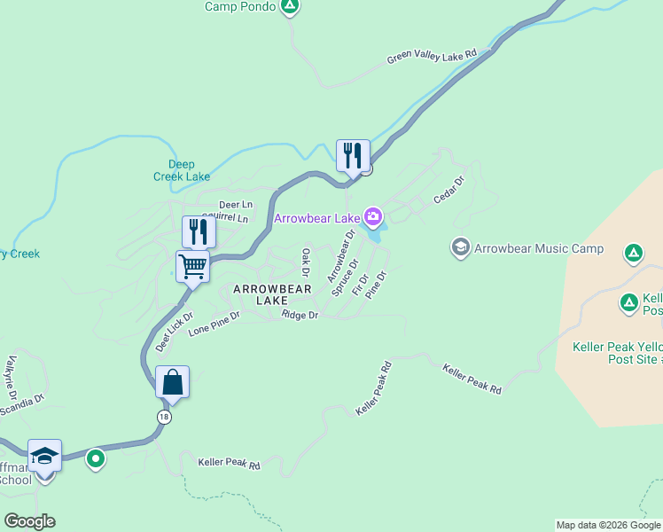 map of restaurants, bars, coffee shops, grocery stores, and more near 33186 Arrowbear Drive in Running Springs