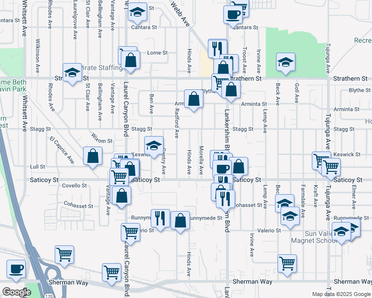 map of restaurants, bars, coffee shops, grocery stores, and more near 7711 Hinds Avenue in Los Angeles