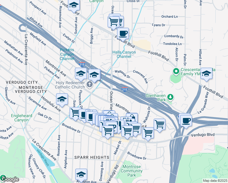 map of restaurants, bars, coffee shops, grocery stores, and more near 2258 Del Mar Road in La Crescenta-Montrose