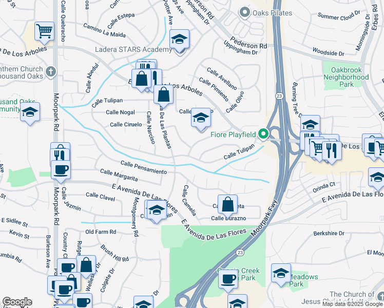 map of restaurants, bars, coffee shops, grocery stores, and more near 1306 Calle Bouganvilla in Thousand Oaks