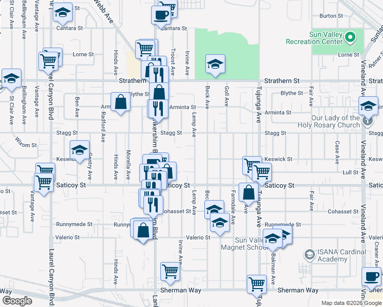 map of restaurants, bars, coffee shops, grocery stores, and more near 7709 Lemp Avenue in Los Angeles