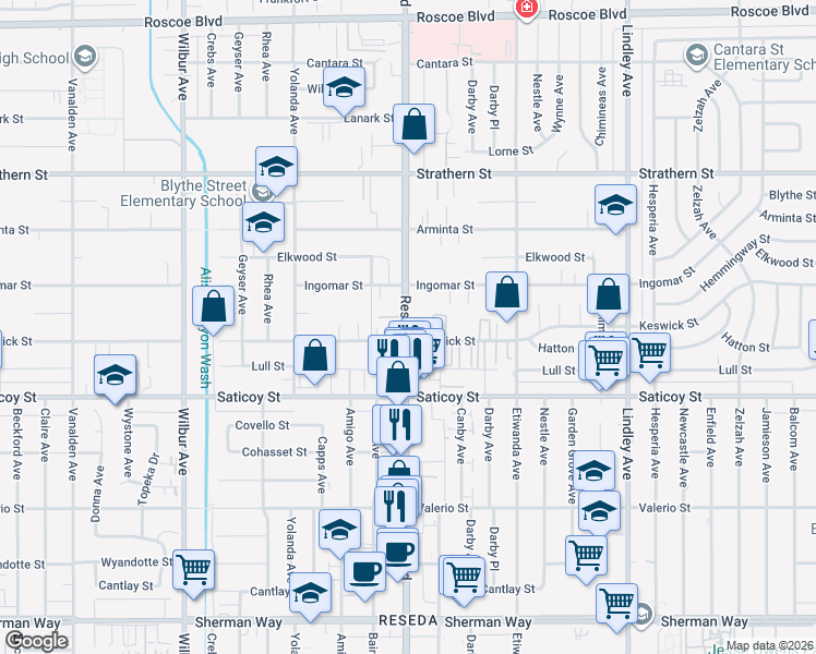 map of restaurants, bars, coffee shops, grocery stores, and more near 7722 Reseda Boulevard in Los Angeles
