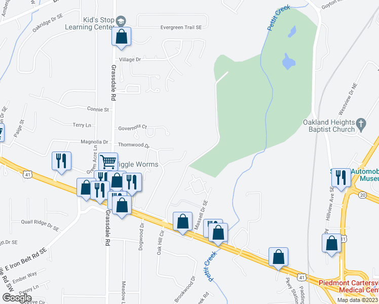 map of restaurants, bars, coffee shops, grocery stores, and more near 23 Southview Drive in Cartersville