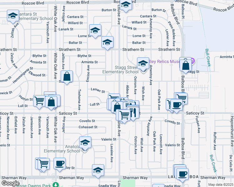 map of restaurants, bars, coffee shops, grocery stores, and more near 7715 Louise Avenue in Los Angeles