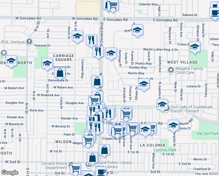 map of restaurants, bars, coffee shops, grocery stores, and more near 822 Belleza Drive in Oxnard