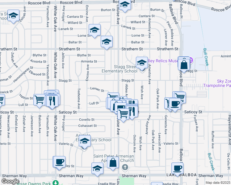 map of restaurants, bars, coffee shops, grocery stores, and more near 7715 Louise Avenue in Los Angeles