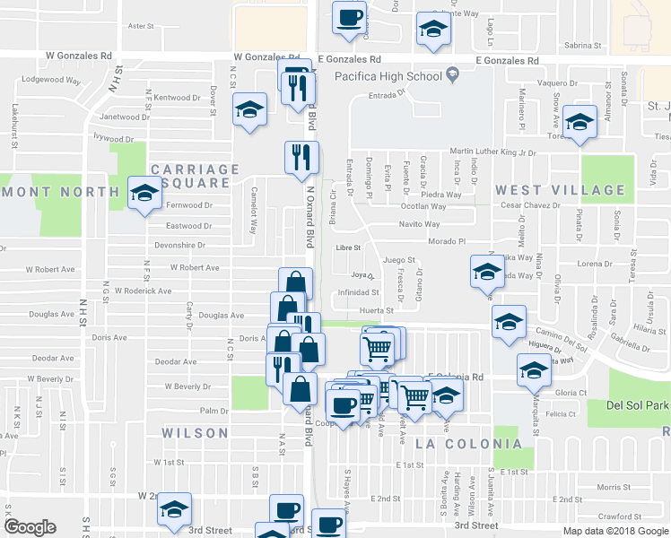 map of restaurants, bars, coffee shops, grocery stores, and more near 822 Belleza Drive in Oxnard