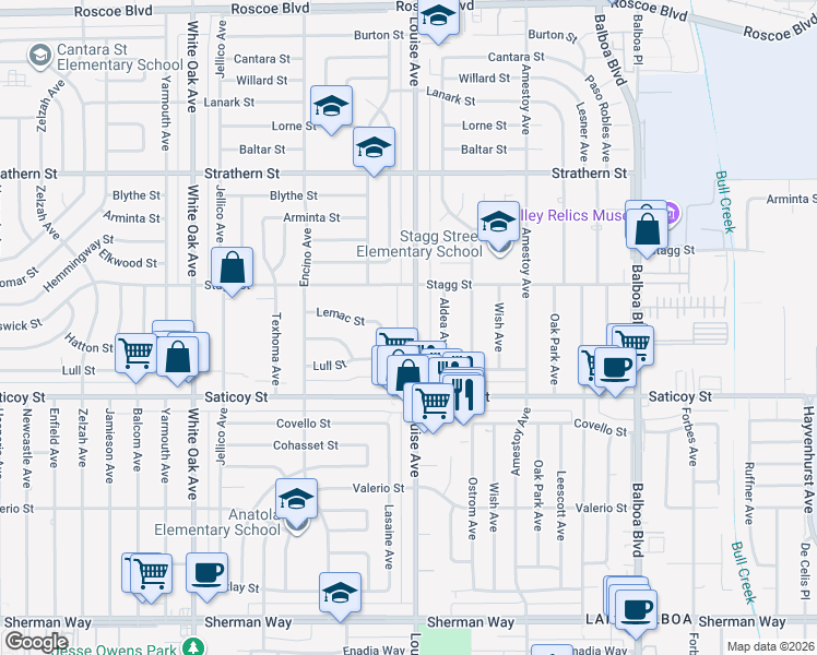 map of restaurants, bars, coffee shops, grocery stores, and more near 7715 Louise Avenue in Los Angeles